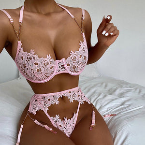 3-Piece Lace Lingerie Bra Set Women Gold Chain Embroidery Underwire Bra and Thong Underwear Set Ladies Pink Sexy Lingerie Set
