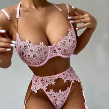 Load image into Gallery viewer, 3-Piece Lace Lingerie Bra Set Women Gold Chain Embroidery Underwire Bra and Thong Underwear Set Ladies Pink Sexy Lingerie Set
