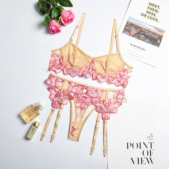 3 Piece Set Women Sexy Floral Embroidery Underwear Perspective Patchwork Erotic Costumes Garter Sensual Lingerie Exotic Bra Sets