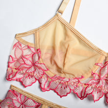 Load image into Gallery viewer, 3 Piece Set Women Sexy Floral Embroidery Underwear Perspective Patchwork Erotic Costumes Garter Sensual Lingerie Exotic Bra Sets