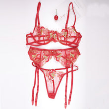 Load image into Gallery viewer, 3 Pieces Set Embroider Sexy Sensual Lingerie Underwear Women Flower Erotic Costumes See-Through Bra and Thong Exotic Underwire