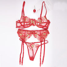 Load image into Gallery viewer, 3 Pieces Set Embroider Sexy Sensual Lingerie Underwear Women Flower Erotic Costumes See-Through Bra and Thong Exotic Underwire