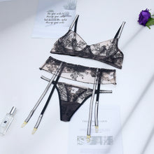 Load image into Gallery viewer, 3 Pieces Set Erotic Lingerie Set Woman Sensual Embroidery See-Through Brief Sets Fancy Garters Langerie Push Up Bra Outfit Set