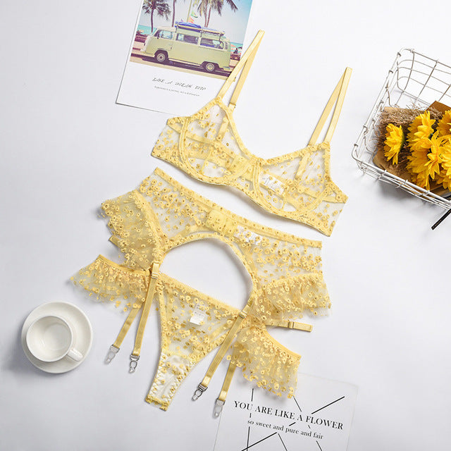 3 Pieces Set Ruffled Lingerie Underwear Yellow Floral Sexy Underwear Underwire Porn Erotic Lingerie See Through Exotic Costumes