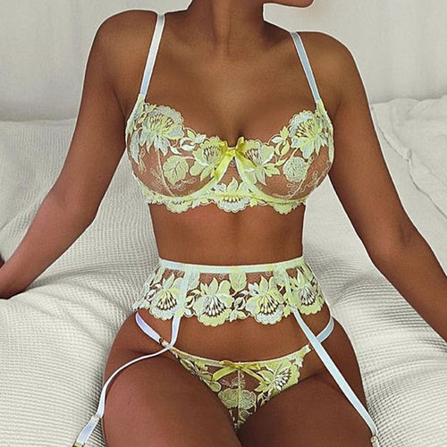 3 Pieces Set Sexy Floral Embroidery Underwear Transparent Erotic Costumes with Garter Sensual Exotic Bra Women's Lingerie Set