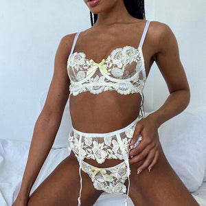 3 Pieces Set Sexy Floral Embroidery Underwear Transparent Erotic Costumes with Garter Sensual Exotic Bra Women&#39;s Lingerie Set