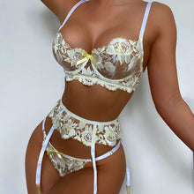 Load image into Gallery viewer, 3 Pieces Set Sexy Floral Embroidery Underwear Transparent Erotic Costumes with Garter Sensual Exotic Bra Women&#39;s Lingerie Set