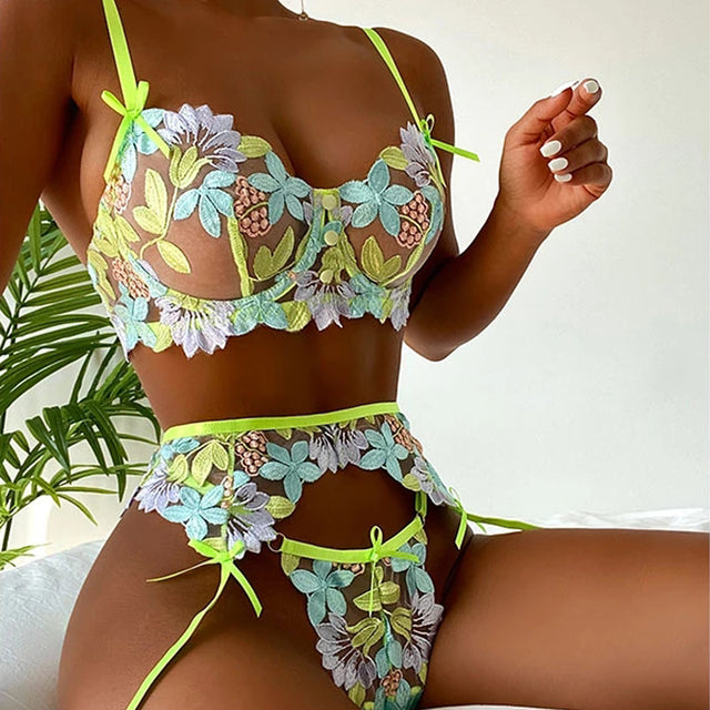 3 Pieces Set Sexy Lingerie Floral Embroidery Erotic Underwear Set Lace Perspective Push up Bra and Brief Sets Garters and Thongs