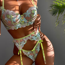 Load image into Gallery viewer, 3 Pieces Set Sexy Lingerie Floral Embroidery Erotic Underwear Set Lace Perspective Push up Bra and Brief Sets Garters and Thongs