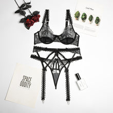 Load image into Gallery viewer, 3 Pieces Set Sexy Lingerie Patckwork Embroidery Underwear Sensual Bra and Briefs Garter Erotic See-Through Mesh Exotic Costumes