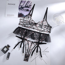 Load image into Gallery viewer, 3 Pieces Set Women Sexy Embroider Lingerie Underwear See-Through Erotic Bra Sensual Lingerie Exotic Underwire with Garters