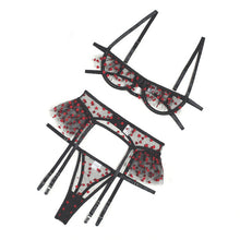 Load image into Gallery viewer, 3 Pieces Set Women Sexy Embroider Underwear Love Polka Dot Ruffle Hollow Perspective Erotic Costumes Sensual Lingerie Game Suit