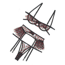 Load image into Gallery viewer, 3 Pieces Set Women Sexy Embroider Underwear Love Polka Dot Ruffle Hollow Perspective Erotic Costumes Sensual Lingerie Game Suit