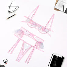 Load image into Gallery viewer, 3 Pieces Set Women Sexy Embroider Underwear Love Polka Dot Ruffle Hollow Perspective Erotic Costumes Sensual Lingerie Game Suit