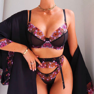 3 Pieces Set Women Sexy Floral Embroidery Underwear Perspective Erotic Bra and Briefs Set with Garter Sensual Lingerie Night Set