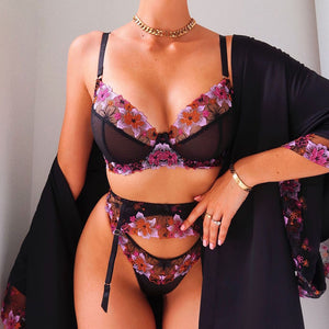 3 Pieces Set Women Sexy Floral Embroidery Underwear Perspective Erotic Bra and Briefs Set with Garter Sensual Lingerie Night Set