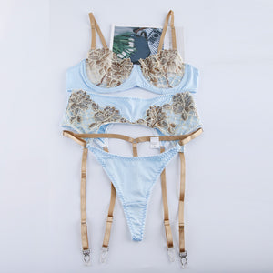 3 Pieces Set Women Sexy Lingerie Set Garter Belts Floral Embroidery Underwire Bras Sex Panties Temptation Erotic Underwear Set