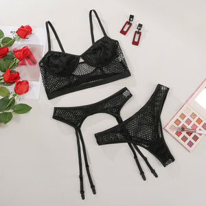 3 Pieces Set Women Sexy Mesh Underwear Perspective Erotic Push up Bra and Briefs Set with Garter Sensual Lingerie Night Set