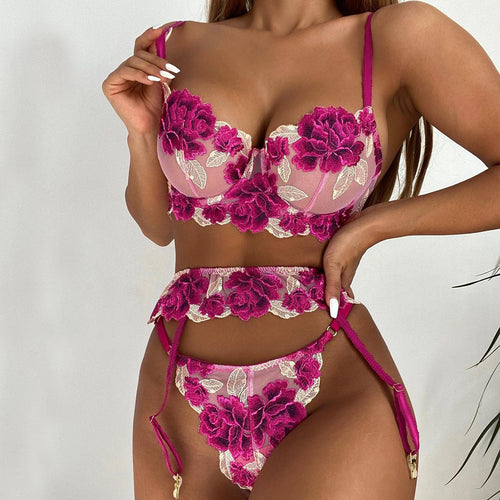 3 Pieces Women Sexy Flower Embroidery Sensual Lingerie Underwear Exotic Costumes Bra and Brief Sets Perspective Erotic Garters