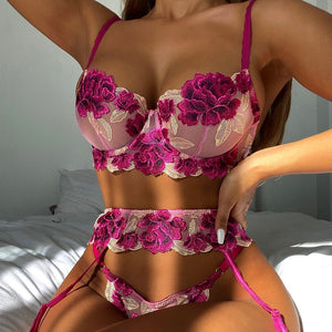 3 Pieces Women Sexy Flower Embroidery Sensual Lingerie Underwear Exotic Costumes Bra and Brief Sets Perspective Erotic Garters