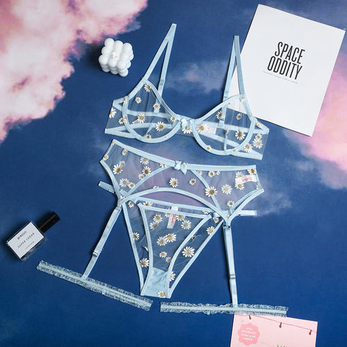 3 Pieces Women Sexy Lingerie Set Floral Embroidery Bralettes Underwear Sex Bra Garter Erotic Costumes Sensual Underwear