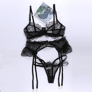 3 Pieces Women Sexy Lingerie Underwear Set with Garter Push Up Bras G-string Sex Panties Transparent Temptation Erotic Underwear