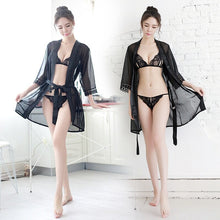 Load image into Gallery viewer, 3 piece/set Sexy Lace Robes with Bra Set Women Bathrobe Kimono See Through Womens Tops and Blouses Hot Erotic Femme Kimono set