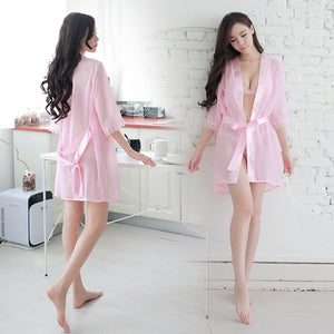 3 piece/set Sexy Lace Robes with Bra Set Women Bathrobe Kimono See Through Womens Tops and Blouses Hot Erotic Femme Kimono set