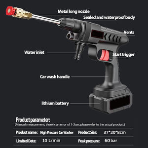 300W 60Bar Wireless High Pressure Car Wash Washer Gun 30000mAh Foam Generator Water Gun Spray Cleaner Car Washing Machine
