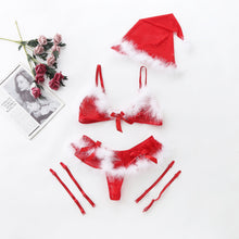Load image into Gallery viewer, 3PC Women Christmas Hat Lingerie Set Bowknot Sexy Underwear Transparent Lace Bra Thong Garters Set Exotic Babydoll Sexy Costumes
