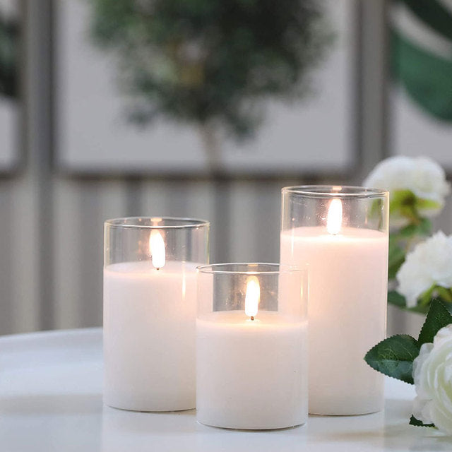 3Pcs Glass Wax Flameless Candles 3D Effect LED Candles White Wax Battery Candles with 8-Key Remote Control Home Decor