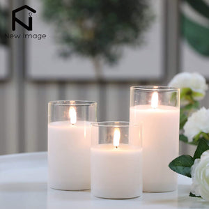 3Pcs Glass Wax Flameless Candles 3D Effect LED Candles White Wax Battery Candles with 8-Key Remote Control Home Decor