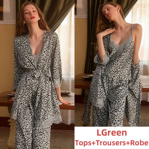 3Piece Pamajas Sets for Women Leopard Print Home Suit Lace Sleepwear Silk Robe Nightgown Camisole Backless Sleep Tops Lingerie