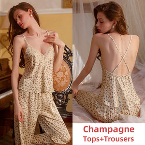 3Piece Pamajas Sets for Women Leopard Print Home Suit Lace Sleepwear Silk Robe Nightgown Camisole Backless Sleep Tops Lingerie