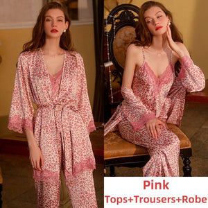 3Piece Pamajas Sets for Women Leopard Print Home Suit Lace Sleepwear Silk Robe Nightgown Camisole Backless Sleep Tops Lingerie