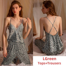 Load image into Gallery viewer, 3Piece Pamajas Sets for Women Leopard Print Lace Sleepwear Silk Robe Nightgown Camisole Backless Home Suit Sleep Tops Lingerie