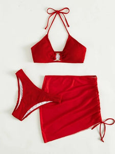 3pack Textured Ring Linked Bikini Swimsuit With Beach Skirt Women Bikini sets Sexy Halter Swimwear Beach Wear