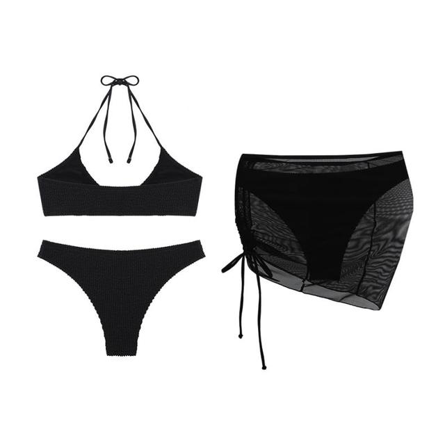 3pack Textured Ring Linked Bikini Swimsuit With Beach Skirt Women Bikini sets Sexy Halter Swimwear Beach Wear