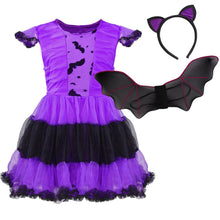 Load image into Gallery viewer, 3pcs Kid Girl Purple Bat Vampire Princess Dress Fancy Cosplay Costume Witch Dress with Wing Headband Halloween Role Play Clothes