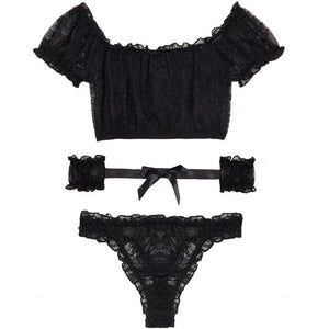3pcs Women Pajamas Lace Lingerie Strapless Short Sleeve Tops with Panty Sexy Pajama Set Summer Sleepwear Female Nightgown