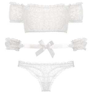 3pcs Women Pajamas Lace Lingerie Strapless Short Sleeve Tops with Panty Sexy Pajama Set Summer Sleepwear Female Nightgown