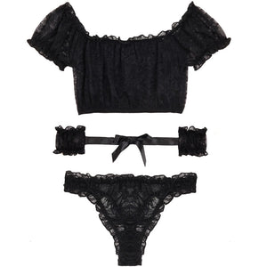 3pcs Women Pajamas Lace Lingerie Strapless Short Sleeve Tops with Panty Sexy Pajama Set Summer Sleepwear Female Nightgown