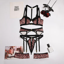 Load image into Gallery viewer, 4 Pieces Set Leopard Halter Lingerie Sexy Hollow Out Erotic Underwear Underwire Bra with Garter Kit Push Up Intimate Exotic Sets