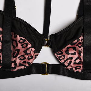 4 Pieces Set Leopard Halter Lingerie Sexy Hollow Out Erotic Underwear Underwire Bra with Garter Kit Push Up Intimate Exotic Sets