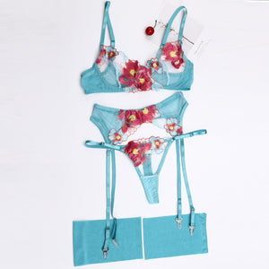 4 Pieces Set Women Sexy Embroider Sensual Lingerie Underwear Lace Flower Erotic Costumes Bra Transparent Exotic Underwire