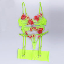 Load image into Gallery viewer, 4 Pieces Set Women Sexy Embroidery Sensual Lingerie Underwear Lace Flower Erotic Underwire Bra Transparent Exotic Underwear
