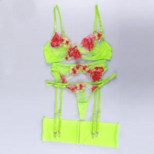 4 Pieces Set Women Sexy Embroidery Sensual Lingerie Underwear Lace Flower Erotic Underwire Bra Transparent Exotic Underwear