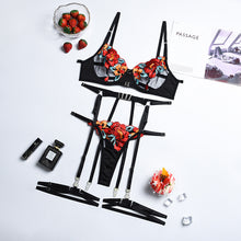 Load image into Gallery viewer, 4 Pieces Sexy Lingerie Underwear Set Garter Floral Embroidery Sensual Lingerie Underwire Bra Panty Intimate Erotic Underwear Set