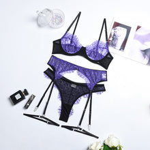 Load image into Gallery viewer, 4 Pieces Women Sexy Lace Patchwork Underwear See-Through Erotic Bra and Brief Set Garters Sensual Lingerie Exotic Fancy Outfit