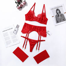 Load image into Gallery viewer, 4 Pieces Women Sexy Lingerie Eyelash Lace Mesh Underwear Perspective Bra and Panty Set Garters Sensual Erotic Temptation Set